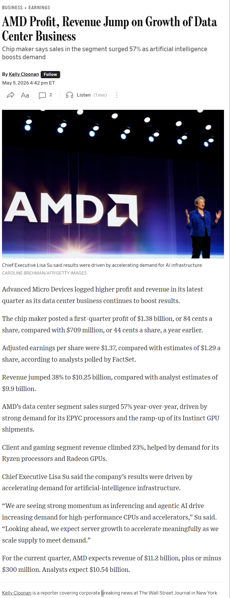 AMD Profit, Revenue Jump on Growth of Data Center Business