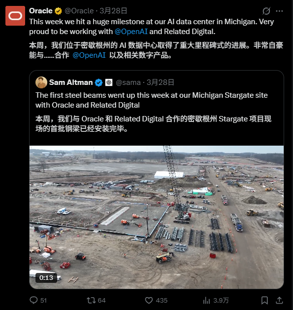 Oracle与OpenAI合作投资的项目推文