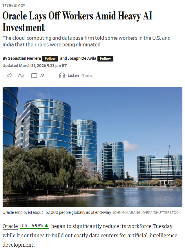 Oracle Lays Off Workers Amid Heavy AI Investment - WSJ